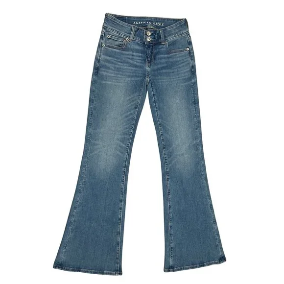American Eagle Women’s Flare Jeans Blue Denim Stretch Mid Rise Classic Size 00 - Picture 1 of 15